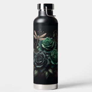 Bouteille D'eau Beaux Roses noirs et Turquoises avec une libellule