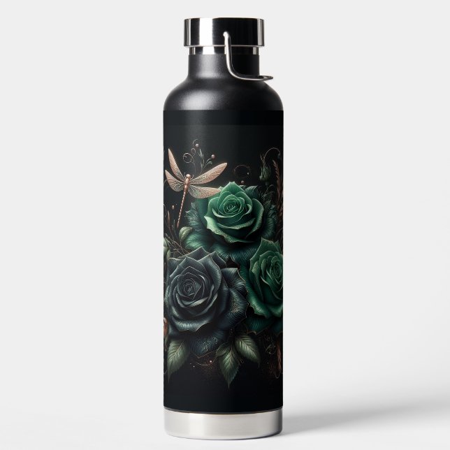 Bouteille D'eau Beaux Roses noirs et Turquoises avec une libellule (Droite)