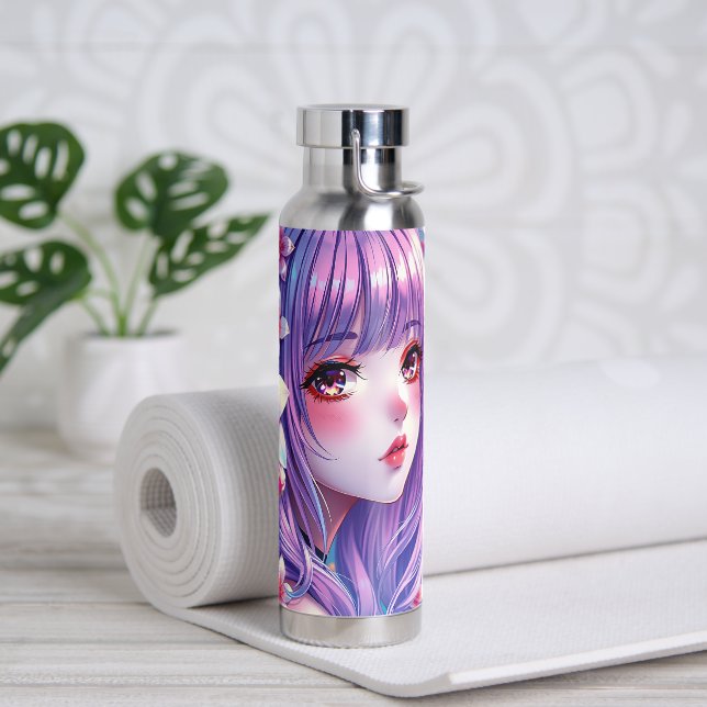 Bouteille D'eau Belle Anime Girl avec cheveux pourpres (Yoga)