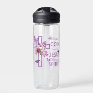 Bouteille D'eau Béni par Dieu sauvé par Jésus Croix Florale pourpr