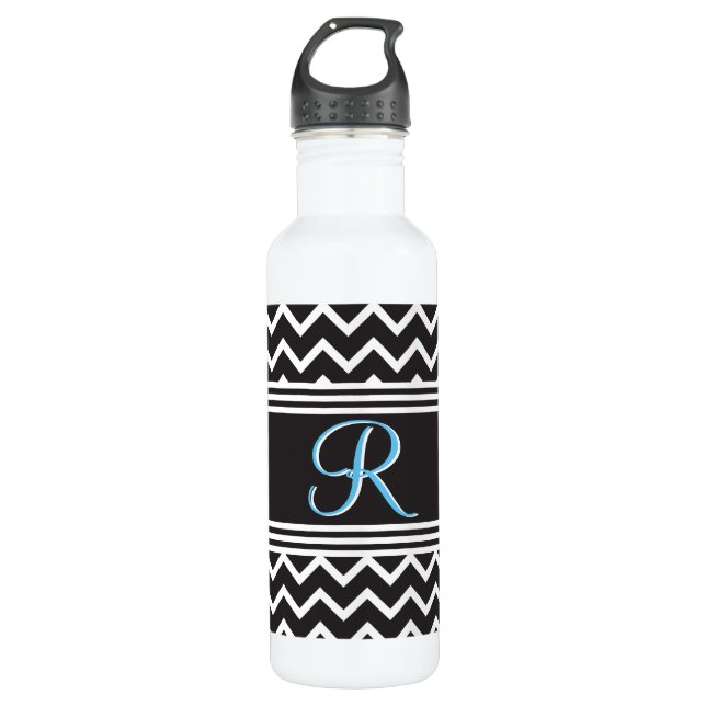 Bouteille D'eau Black | Blanc Chevron gothique Zigzag Monogramme (Devant)