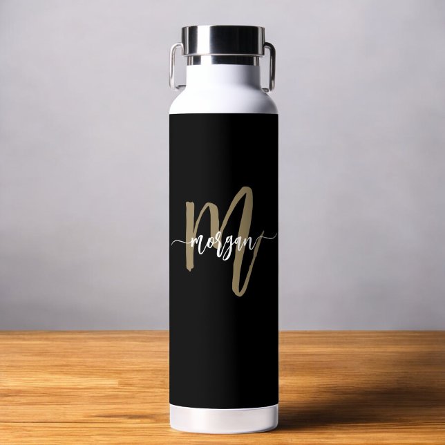 Bouteille D'eau Black Gold Modern Script Girl Monogramme Nom (Créateur téléchargé)