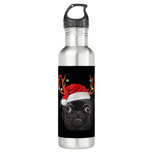 Bouteille D'eau Black Pug Santa Christmas Reindeer Christmas Light (Devant)