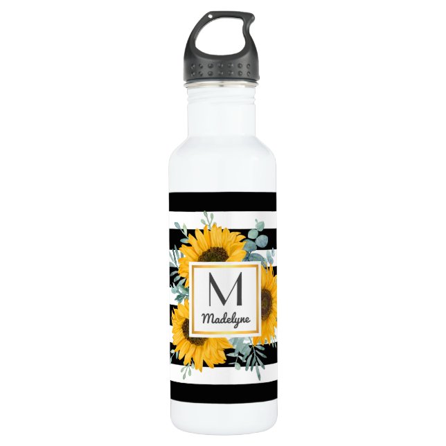 Bouteille D'eau Black White Stripes Gold Sunflower Personnalisé (Devant)
