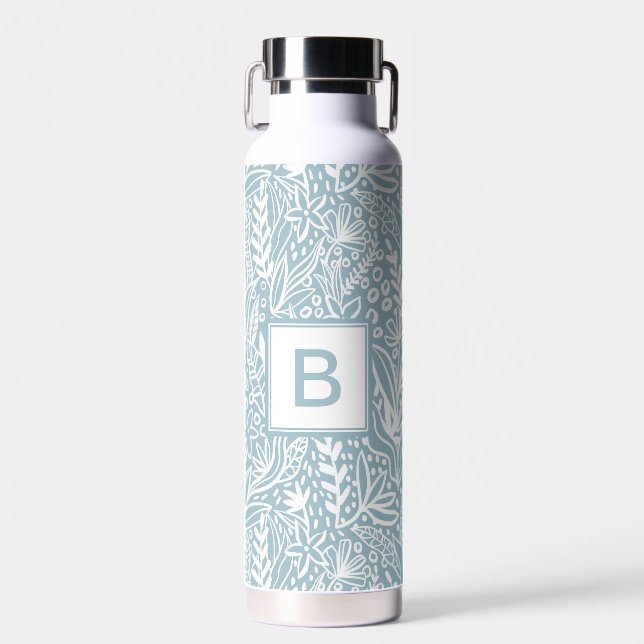 Bouteille D'eau Bleu clair Motif botanique moderne Monogramme (Avant)