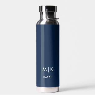 Bouteille D'eau Bleu foncé et blanc   Monogramme moderne