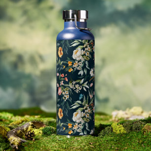 Bouteille D'eau Bleu foncé Vintage Motif de fleurs de jardin