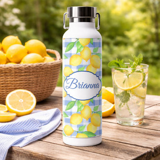 Bouteille D'eau Bleu Gingham Nom Citron Style Pique-Nique