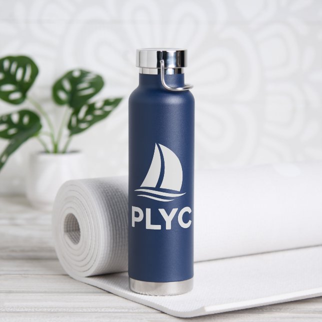 Bouteille d'eau Bleu marine avec logo PLYC (Yoga (pivoté))