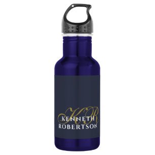 Bouteille D'eau Bleu Nuit Minimaliste Monogramme Or Blanc Hommes C