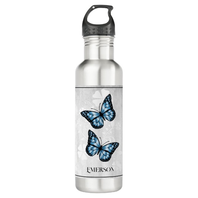 Bouteille D'eau Bleu papillon Floral Personnalisé (Devant)