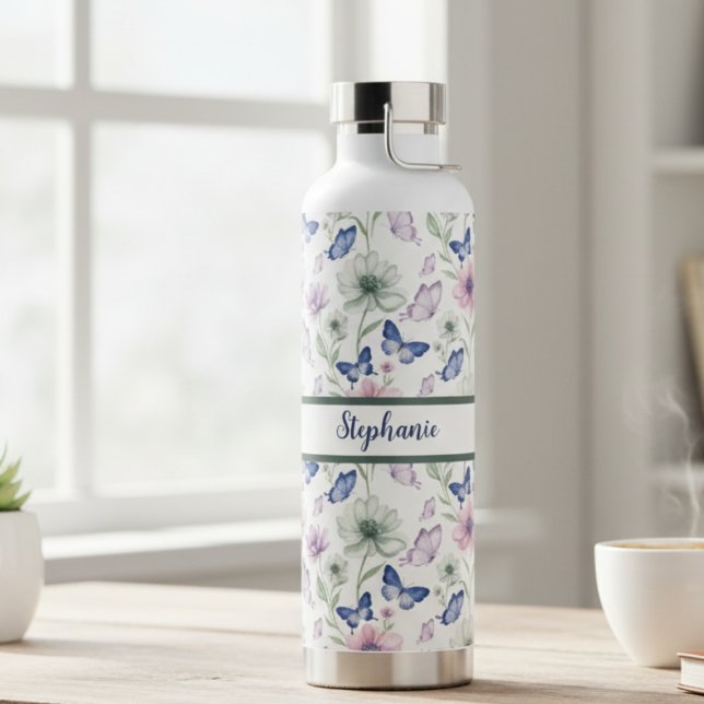 Bouteille D'eau Blue Butterfly Floral Bottle – Soft Garden Gift (Butterfly floral water bottle)