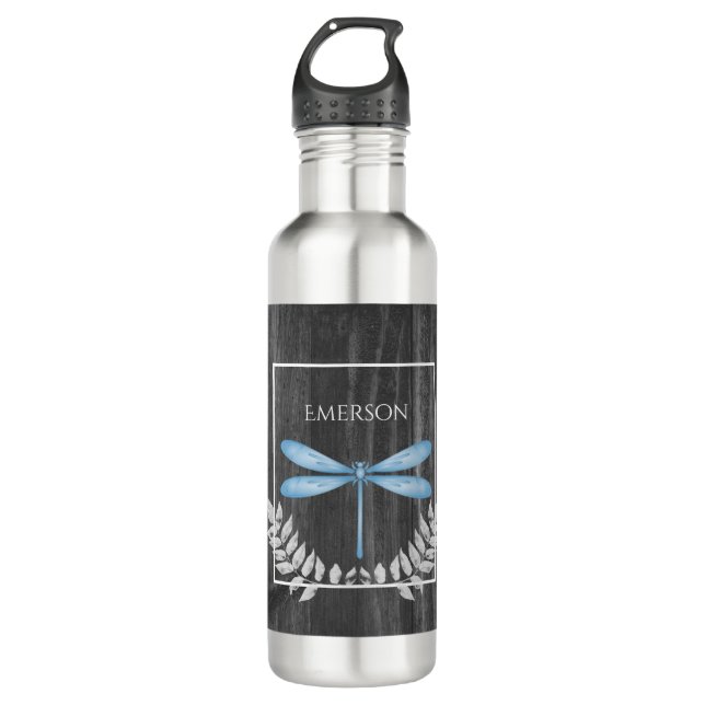 Bouteille D'eau Blue Dragonfly Rustic Personnalisé (Devant)
