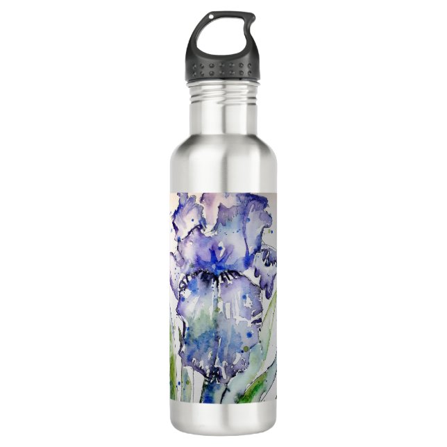 Bouteille D'eau Blue Iris Art floral Aquarelle Art (Devant)