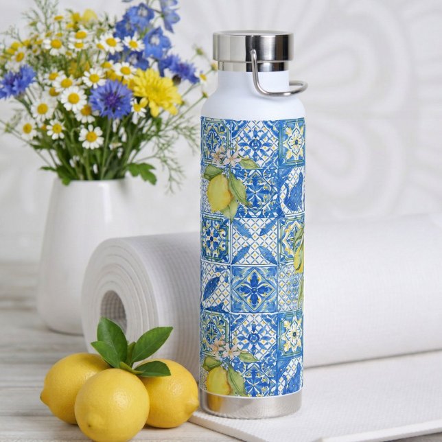 Bouteille D'eau Blue Tile French Country Lemon Pattern Home Decor (Créateur téléchargé)