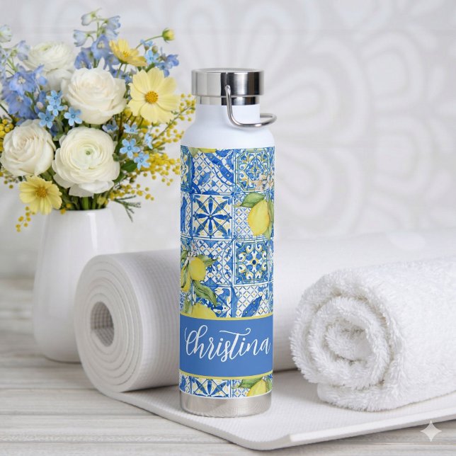 Bouteille D'eau Blue Tile French Country Lemon Pattern Provencal (Créateur téléchargé)