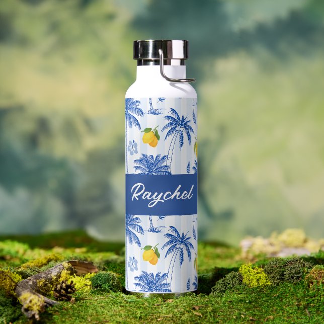 Bouteille D'eau Blue Toile Palm Trees Lemons Monogram Name (Extérieur (pivotée))