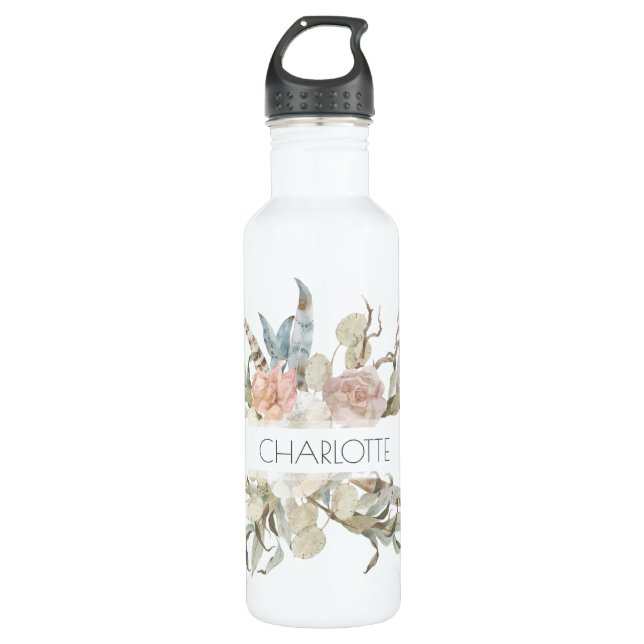 Bouteille D'eau Boho Chic Floral Aquarelle Nom personnalisé (Devant)