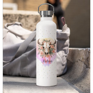 Bouteille D'eau Boho Floral Bull Cow Skull Monogramme Joli Western