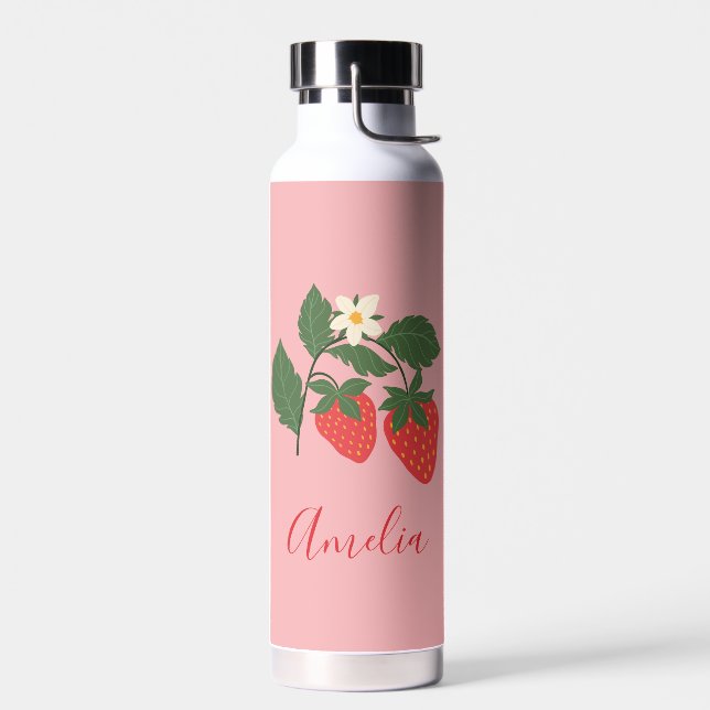 Bouteille D'eau Boho Fraise Fruit Rose Nom Personnalisé (Gauche)