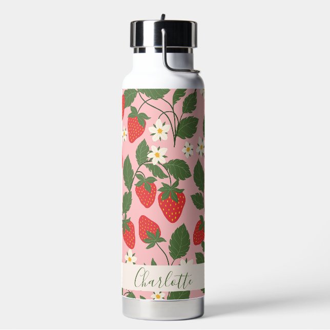 Bouteille D'eau Boho Fraises Végétal Rose Nom Personnalisé (Gym)
