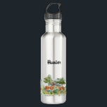 Bouteille D'eau Bois animaux de la forêt cerfs mignon nom<br><div class="desc">Forêt,  paysage boisé avec cerf,  renard et lapin. Personnalisez et ajoutez un nom. Lettres noires.</div>