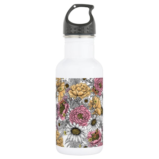 Bouteille D'eau Bouquet de fleurs - roses, pivoines, marguerites e (Devant)