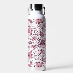 Bouteille D'eau Buissons, magenta foncé et rose sur blanc
