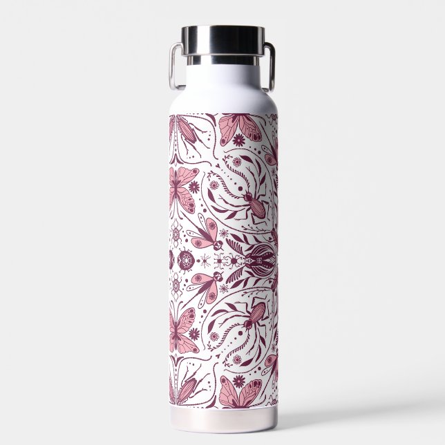 Bouteille D'eau Buissons, magenta foncé et rose sur blanc (Avant)