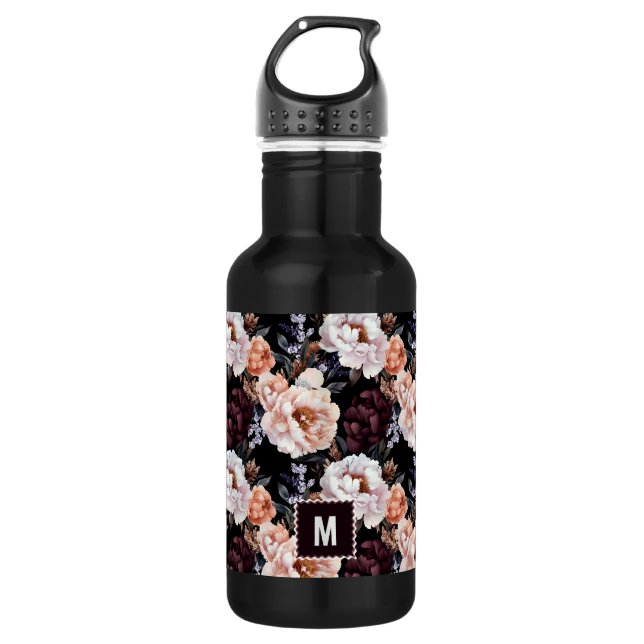Bouteille D'eau Burgundy Peonies Motif Floral | Monogramme (Devant)