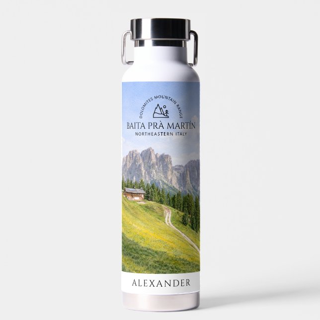 Bouteille D'eau Cabane alpine dans les Dolomites, paysage naturel  (Avant)