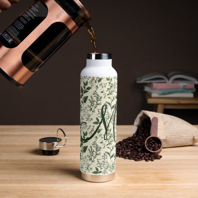 Bouteille D'eau Cadeau de fleurs botaniques vert sauge initiale mo (Gym)