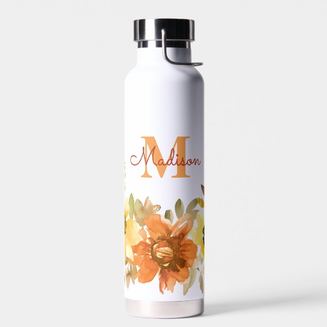 Bouteille D'eau Cadeau de monogramme floral orange Nom (Gauche)