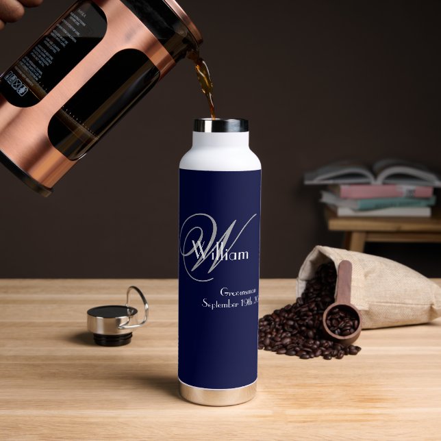 Bouteille D'eau Cadeau pour garçon d'honneur Élégant Gris Monogram (Gym)