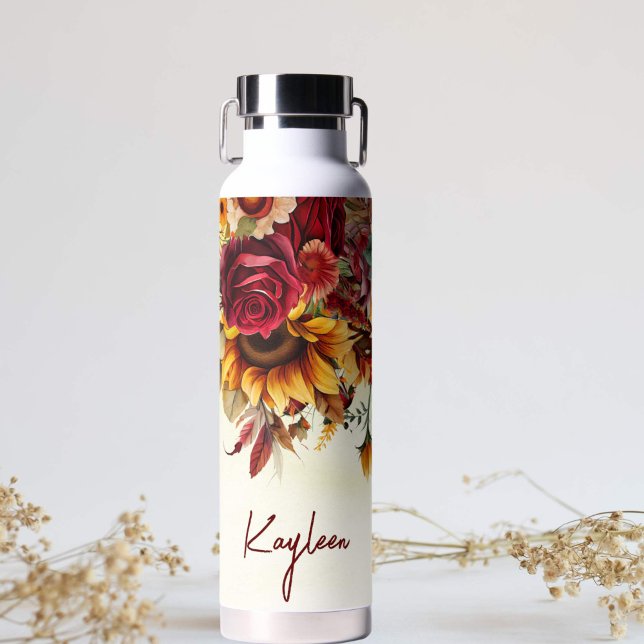 Bouteille D'eau Cadeaux de demoiselle d'honneur burgunch rose tour (Bridesmaid gifts personalized water bottle labels sunflowers burgundy roses fall themed )