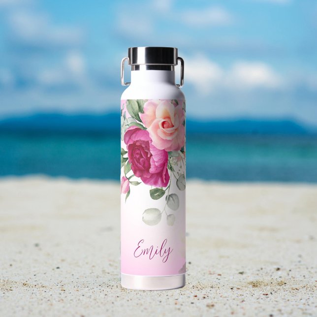 Bouteille D'eau Cadeaux de femme d'honneur personnalisés magenta p (Magenta peonies pink roses personalized water bottle bridesmaid gifts bridal party favors)
