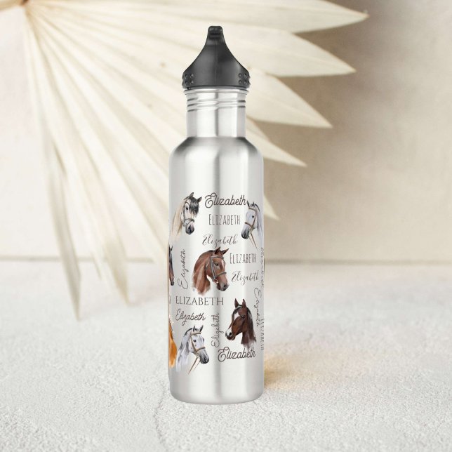 Bouteille D'eau Cadeaux équestres pour filles nom personnalisé (Horse gifts for girls personalized name horse portrait collage water bottle equestrian gifts)