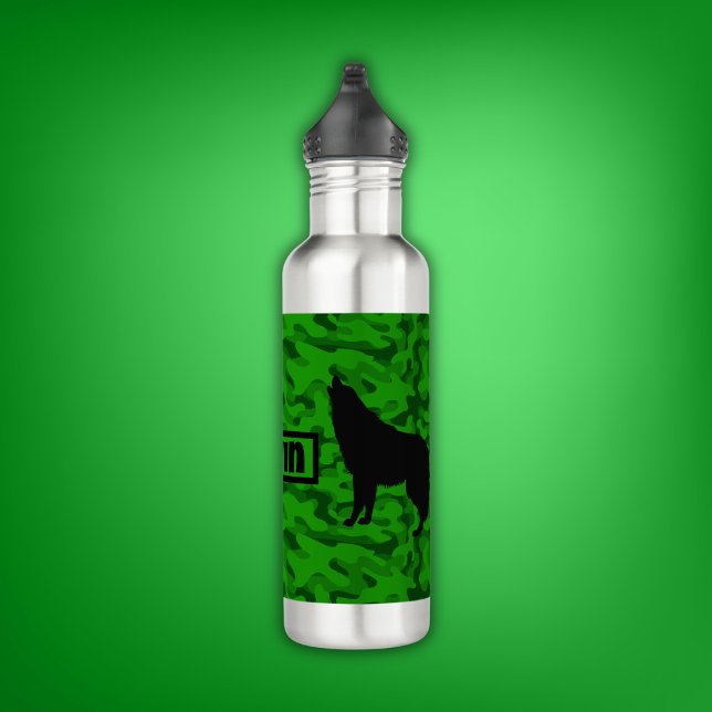 Bouteille D'eau Camo vert moderne noir Wolf Silhouette Monogramme  (Créateur téléchargé)