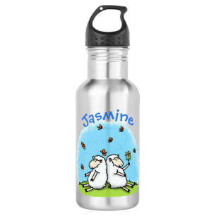 Bouteille D'eau Caricature de moutons mignons amis et papillons