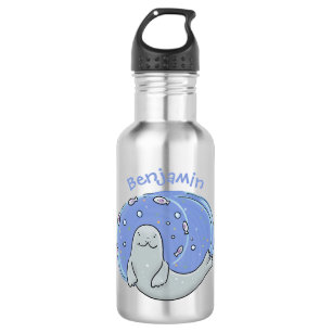 Bouteille D'eau Caricature joyeux de phoque et de poisson bleu