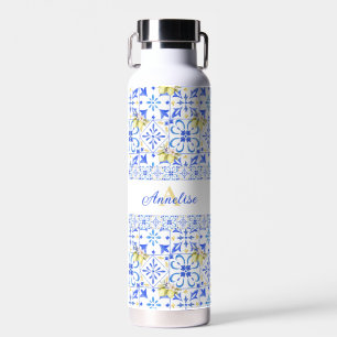 Bouteille D'eau Carreau bleu motif français de citron monogramme