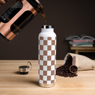 Bouteille D'eau Carrés à damier marron moka blanc géométrique rétr