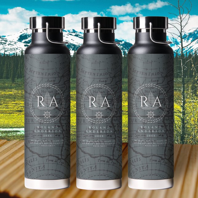 Bouteille D'eau Carte de monogramme de corde nautique grise (Nautical Rope Monogram Map Grey Water Bottle)
