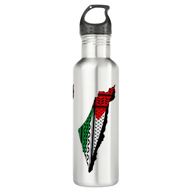 Bouteille D'eau Carte de Palestine avec drapeau et Motif Keffiyeg (Devant)