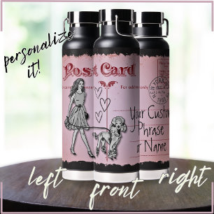 Bouteille D'eau Carte postale Vintage rose femme et poodle Love