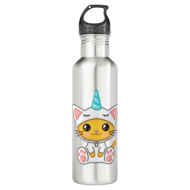 Bouteille D'eau Cat Feline Kitten Kawaii Cartoon Unicorn Whiskers. (Devant)
