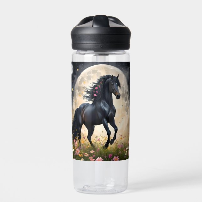 Bouteille D'eau Champ de fleur de lune de cheval noir, (Extérieur)