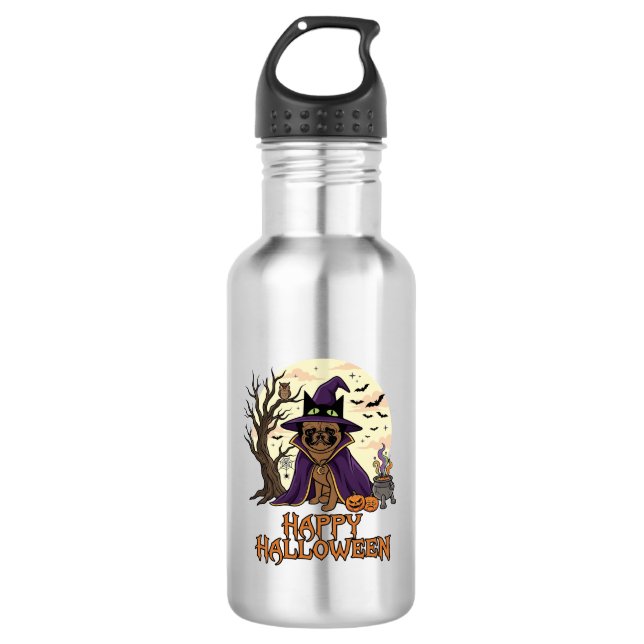 Bouteille D'eau Chapeau de sorcière Pug Halloween joyeux Chaudron  (Devant)