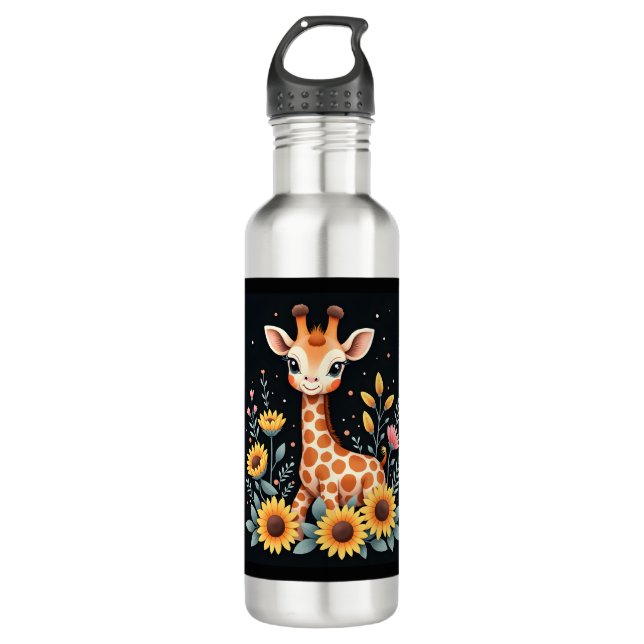 Bouteille D'eau Charming Giraffe Surrounded By Flowers Long Sleeve (Devant)