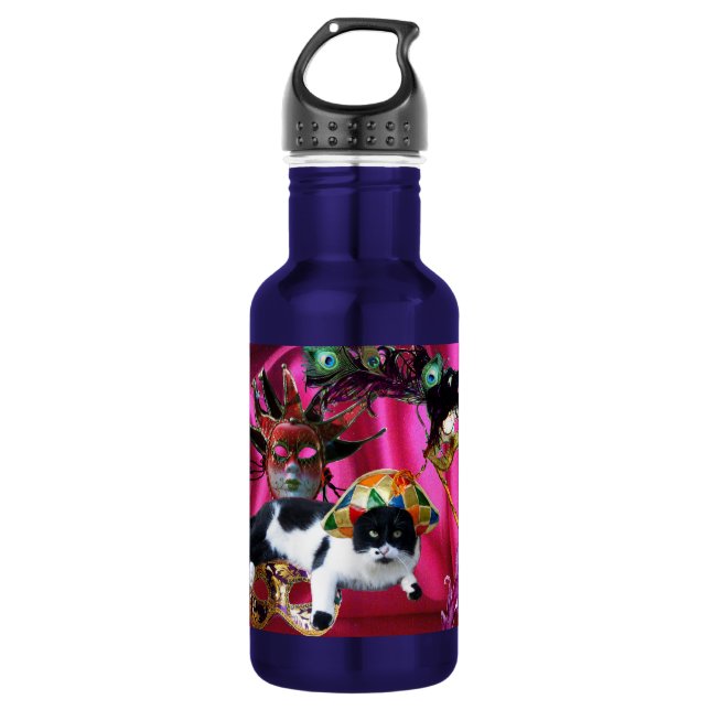 BOUTEILLE D'EAU CHAT AVEC CASQUETTE HARLEQUIN ET MASQUERADE DE FÊT (Devant)